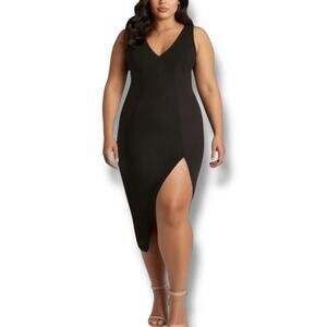 Abercrombie & Fitch Size L Petite Pleated Black Midi‎ Dress High Slit LBD NWT